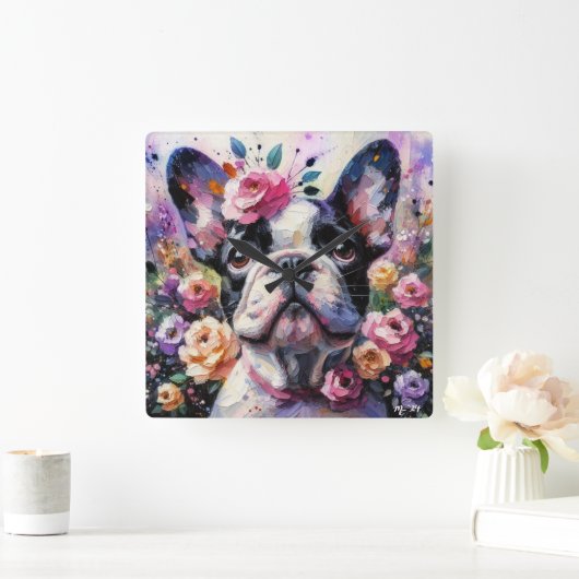 フランスのバラ印象派のブルドッグ絵画 スクエア壁時計 (ホーム)