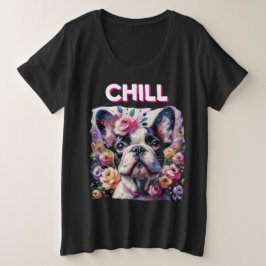 フランスのバラ印象派のブルドッグ絵画 プラスサイズTシャツ