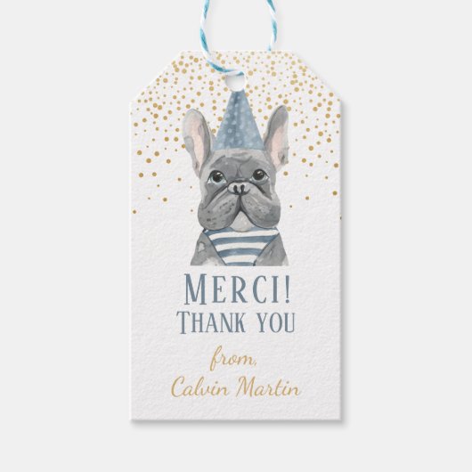 フランスのパーティー帽付きブルドッグ ギフトタグ (正面)