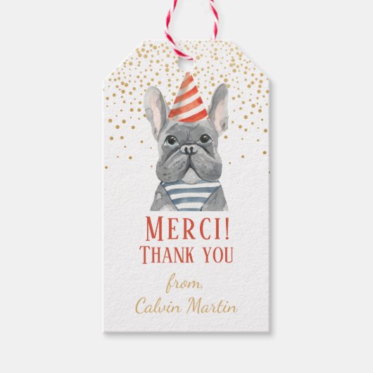 フランスのパーティー帽子の赤い贈り物ラベル付きブルドッグ ギフトタグ (正面)