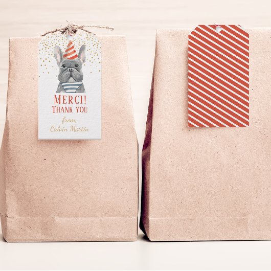 フランスのパーティー帽子の赤い贈り物ラベル付きブルドッグ ギフトタグ