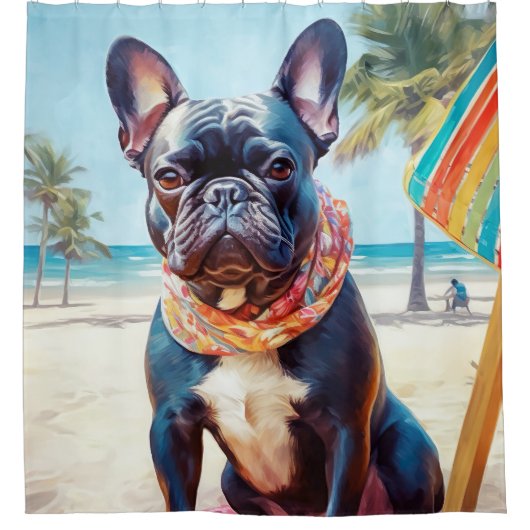 フランスのビーチのブルドッグ、犬の恋人のための夏の贈り物 シャワーカーテン (正面)