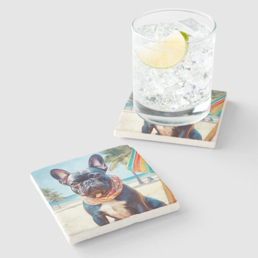 フランスのビーチのブルドッグ、犬の恋人のための夏の贈り物 ストーンコースター (横)