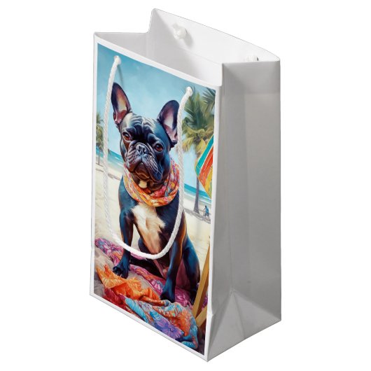 フランスのビーチのブルドッグ、犬の恋人のための夏の贈り物 スモールペーパーバッグ (正面アングル)