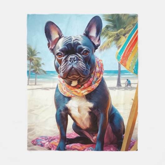 フランスのビーチのブルドッグ、犬の恋人のための夏の贈り物 フリースブランケット (正面)