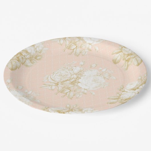 フランスのフローラエレガントトイルピンク金ゴールドシャワーデコール ペーパープレート (アングル)