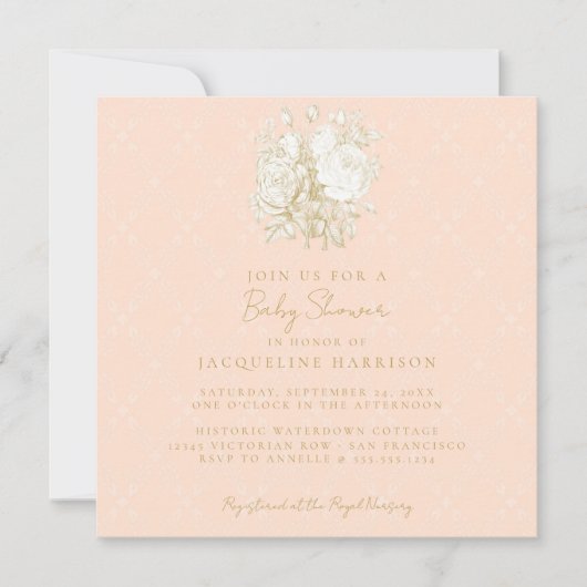 フランスのフローラエレガントトイルピンク金ゴールドベビーシャワー 招待状 (正面)