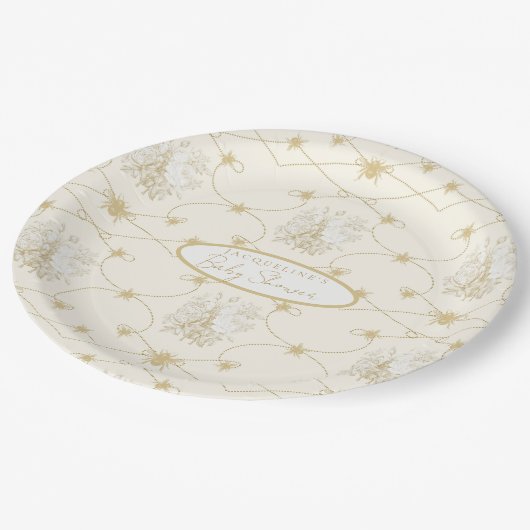 フランスのフローラエレガントビーアイボリー金ゴールドパーソナライズされた ペーパープレート (アングル)