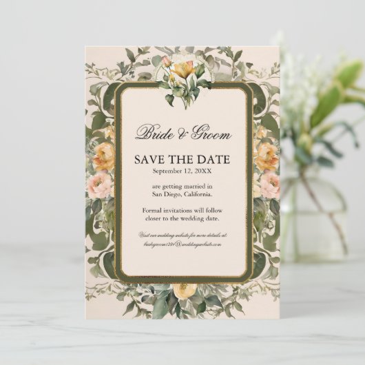 フランスのフローラエレガントヴィンテージイエローローズ金ゴールド 招待状 (スタンド正面)