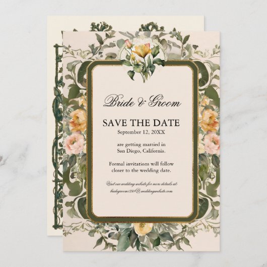 フランスのフローラエレガントヴィンテージイエローローズ金ゴールド 招待状 (正面/裏面)