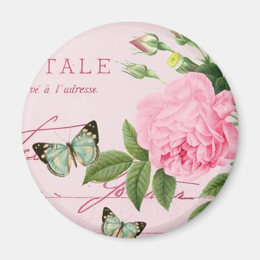 フランスのフローラヴィンテージガーリー磁石(ピンク色バラ付き) マグネット (正面)