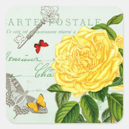 フランスのフローラヴィンテージステッカーと美しいバラ スクエアシール (正面)