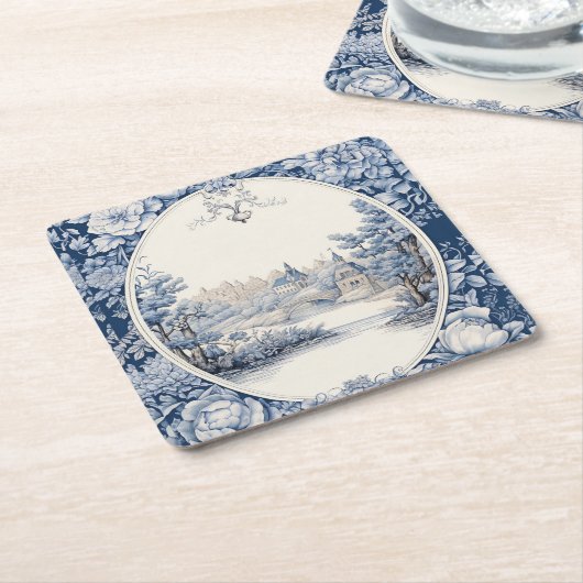 フランスのフローラ青 スクエアペーパーコースター (アングル)