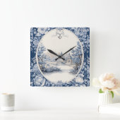 フランスのフローラ青 スクエア壁時計 (ホーム)