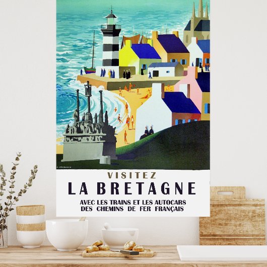 フランスのブリタニー海岸の家と灯台 ポスター (キッチン)
