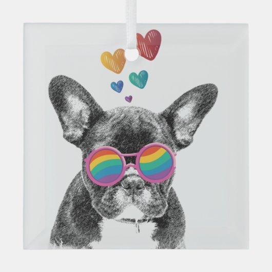 フランスのブルドッグとハートバレンタインデー ガラスオーナメント (正面)