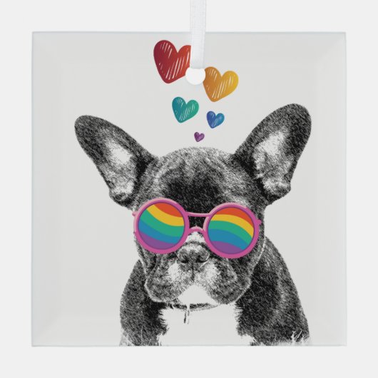 フランスのブルドッグとハートバレンタインデー ガラスオーナメント (裏面)