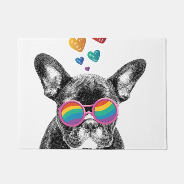 フランスのブルドッグとハートバレンタインデー ドアマット (正面)