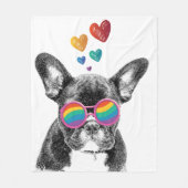 フランスのブルドッグとハートバレンタインデー フリースブランケット (正面)