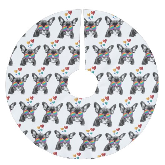 フランスのブルドッグとハートバレンタインデー ブラッシュドポリエステルツリースカート (正面)