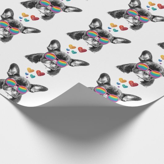 フランスのブルドッグとハートバレンタインデー ラッピングペーパー (角)