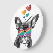 フランスのブルドッグとハートバレンタインデー ラージ壁時計 (傾斜)