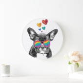 フランスのブルドッグとハートバレンタインデー ラージ壁時計 (ホーム)
