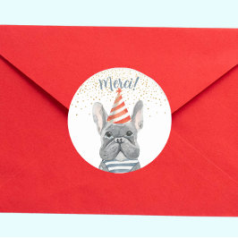 フランスのブルドッグとパーティーハットMerci紙吹雪 ラウンドシール