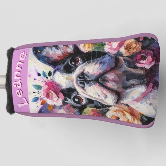 フランスのブルドッグバラフローラパーソナライズされた ゴルフヘッドカバー (正面)