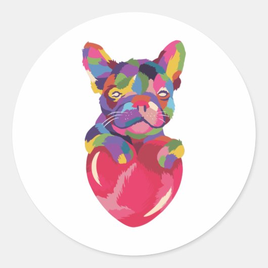 フランスのブルドッグ赤いハートカラフル ラウンドシール (正面)