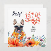 フランスのブルドッグ40歳の誕生日パーティー 招待状 (正面/裏面)