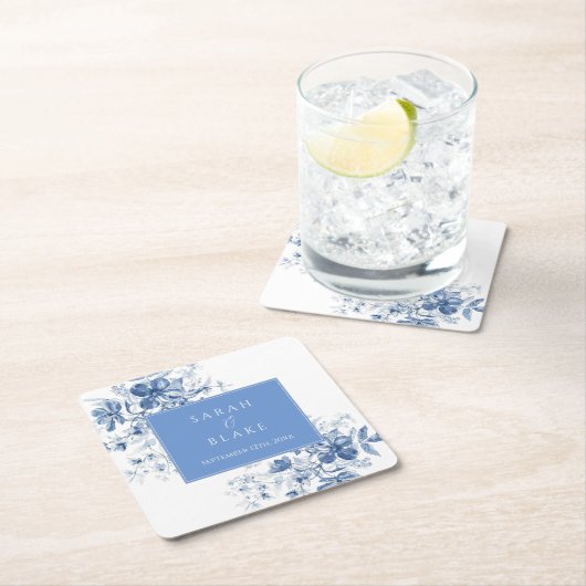 フランスのブルーフローラ結婚ズ スクエアペーパーコースター (インサイチュ)