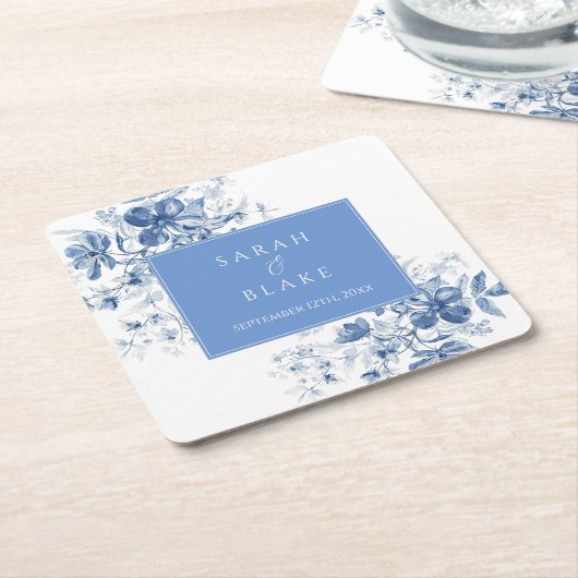 フランスのブルーフローラ結婚ズ スクエアペーパーコースター (アングル)