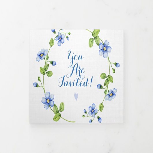 フランスのブルーワイルドフラワーフローラ結婚リース 三つ折り招待状 (カバー)