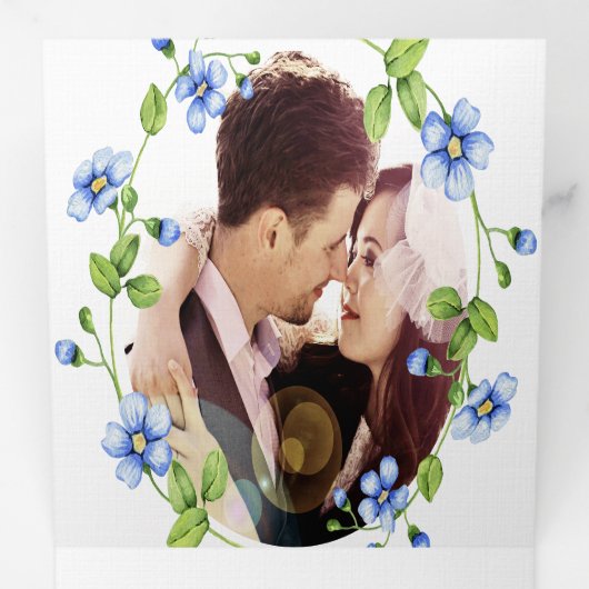 フランスのブルーワイルドフラワーフローラ結婚リース 三つ折り招待状 (内部最初)