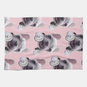 フランスのヘッドホン付ブルドッグイラストレーション キッチンタオル (横)