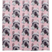 フランスのヘッドホン付ブルドッグイラストレーション シャワーカーテン (正面)