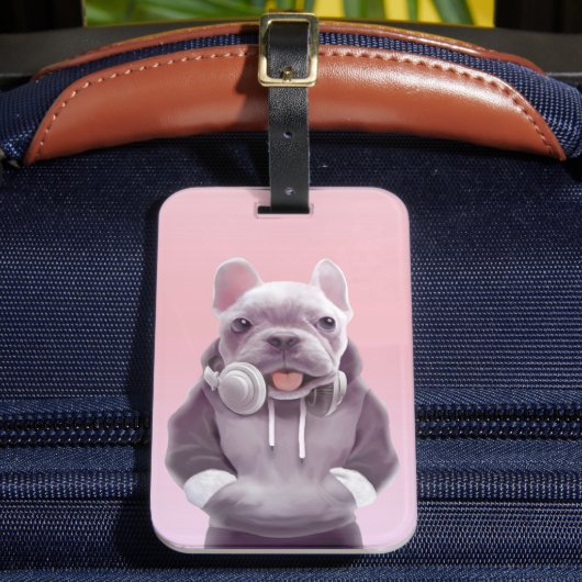 フランスのヘッドホン付ブルドッグイラストレーション ラゲッジタグ (正面インサイチュ2)