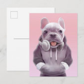 フランスのヘッドホン付ブルドッグイラストレーション 案内ポストカード (正面/裏面)