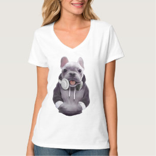 フランスのヘッドホン付ブルドッグイラストレーション Tシャツ