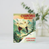 フランスのモンブラン山でスキーをするカップル ポストカード (スタンド正面)