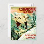 フランスのモンブラン山でスキーをするカップル ポストカード (正面/裏面)