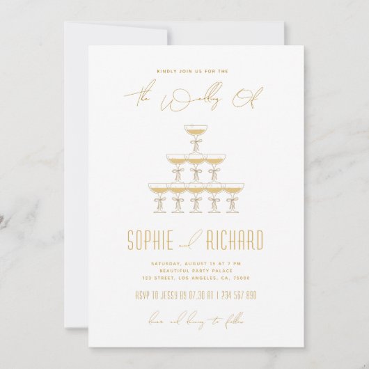 フランスのリボンシャンパンタワーファウンテン結婚ズ 招待状 (正面)