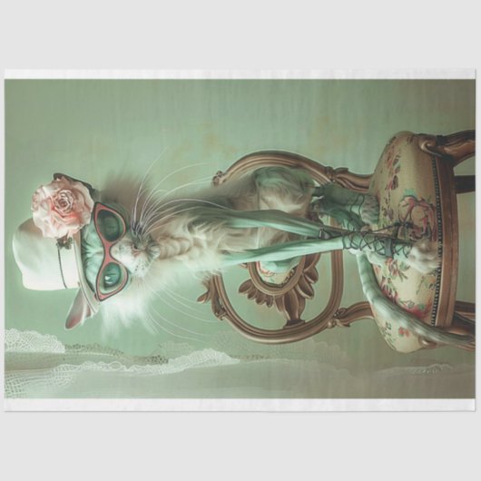 フランスのヴィンテージエレガントセージキャットデコップページ 薄葉紙 (正面)