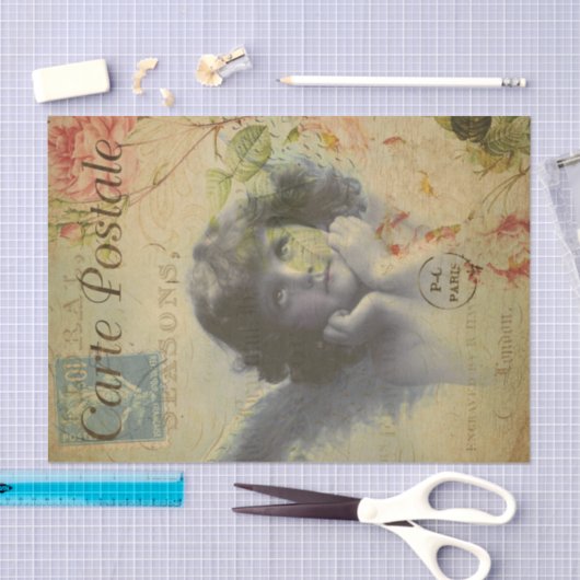 フランスのヴィンテージエンジェルとバラの切り離 薄葉紙 (クラフト)