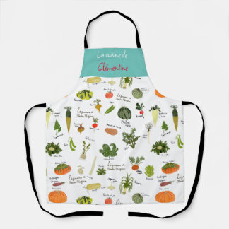 フランスのヴィンテージキッチンアートの野菜の水色 エプロン