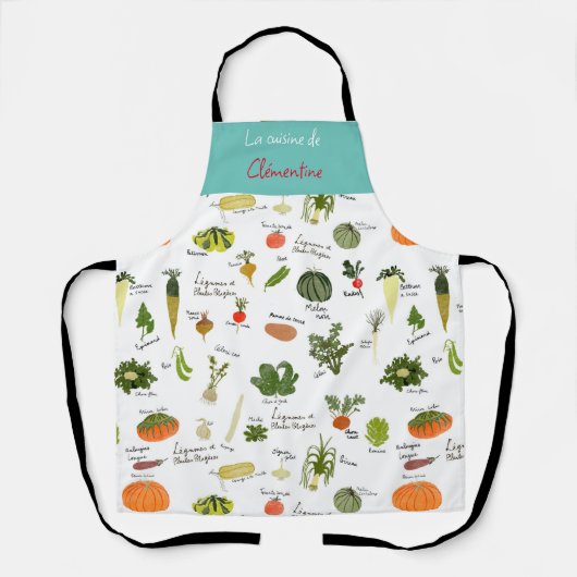 フランスのヴィンテージキッチンアートの野菜の水色 エプロン (正面)
