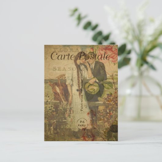 フランスのヴィンテージスタイル女性、男性、馬 ポストカード (スタンド正面)