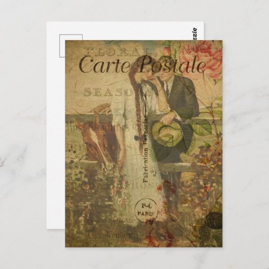 フランスのヴィンテージスタイル女性、男性、馬 ポストカード (正面/裏面)