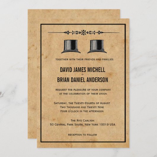 フランスのヴィンテージトップハットの華美ゲイ結婚式の招待 招待状 (正面/裏面)